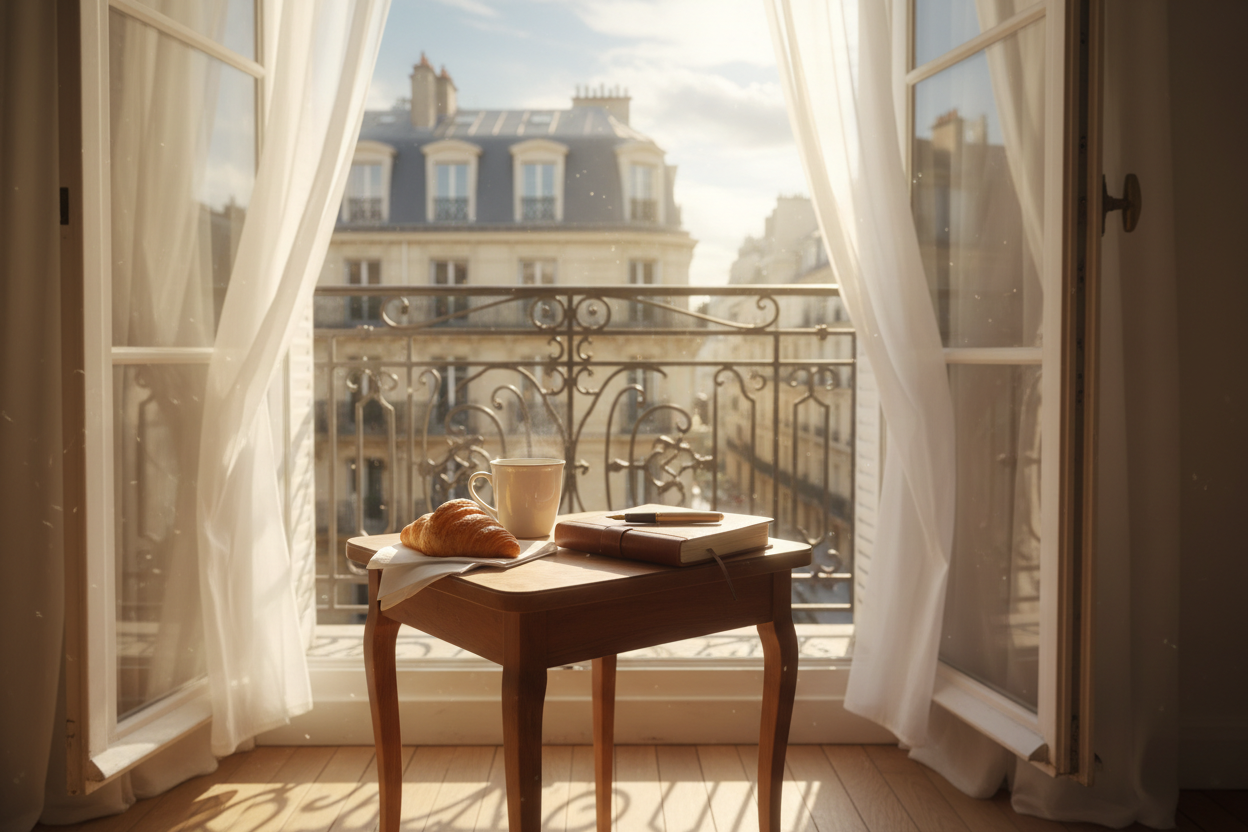 the viewpoint is from an apartment in the old charming part of Paris, there is a small table near the wrought iron balcony on which is a classy mug with steaming brown liquid. There is an amazing croissant and napkin on the table beside the mug, a book that could be a diary with an elegant pen. We see the french doors are open, sheer white curtains move slightly in the breeze, morning sun is shining rays down, the feeling is happy, cozy, delightful and refreshed